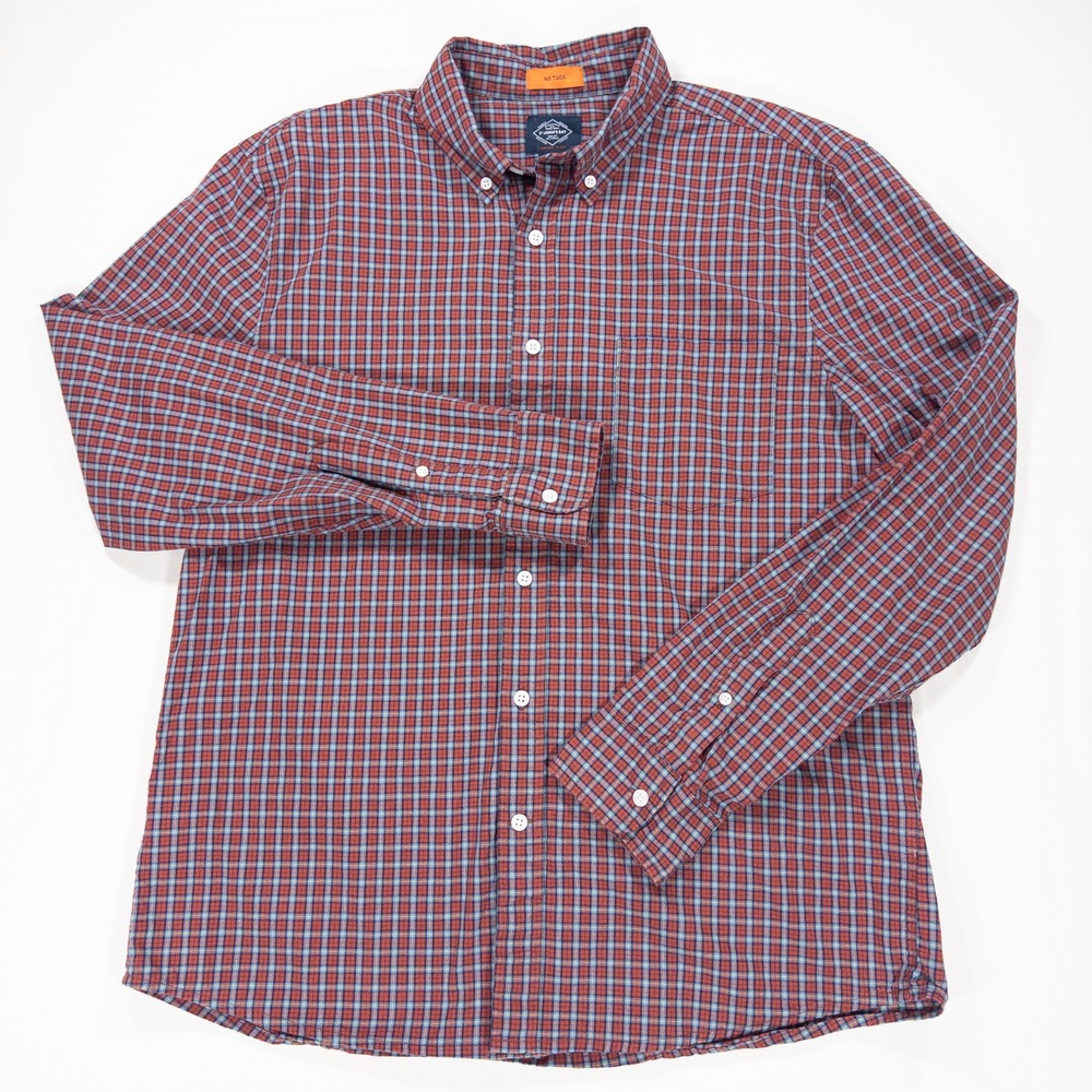 St Johns Bay Mens Large Red Plaid Comfort Flex Button Down Shirt Preppy Classic